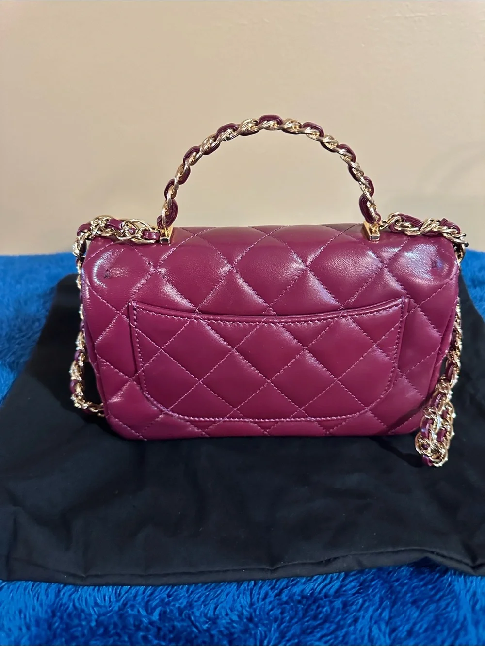 CHANEL Quilted Lambskin Mini Flap Bag in Burgundy with Gold Hardware &Top Handle